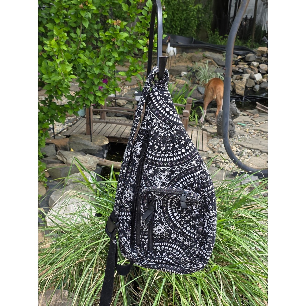 Vera Bradley Sling Backpack Black White Bandana Medallion Quilted Cotton Bag